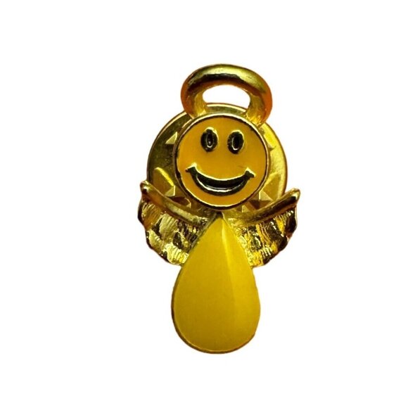 Gold Plated Smiley Face Angel Lapel Pin Brooch Yellow Teardrop Accent Cute - Picture 1 of 5